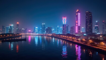 Obraz premium Neon skyscrapers glowing like cosmic jewels across endless skies