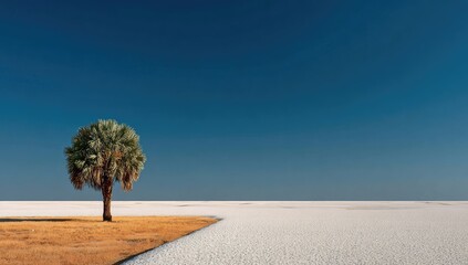 Solitary palm tree on a vast, white salt flat under a vibrant blue sky