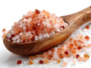 A close up of pink Himalayan salt crystals piled high on a rustic wooden spoon with white background shine.