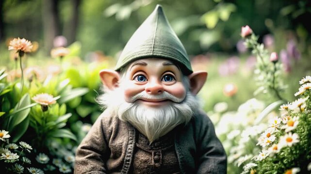 A delightful video of a cute gnome with a pointed hat and a long white beard, looking directly at the camera. 