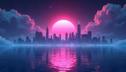 Fototapeta premium The dreamlike neon cityscape drifting across infinite waters