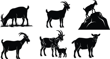 Silhouettes of black goats in various natural poses including grazing, standing, climbing rock, with kids, farm animals, wildlife, mountain goats, animal family, vector art.