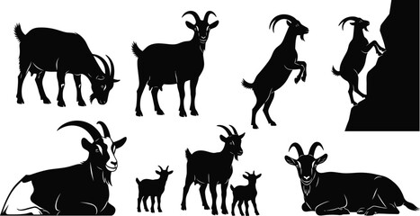 Silhouettes of black goats in various poses including climbing, standing, resting, and with kids, farm animals, wildlife, mountain goats, animal family, nature livestock, vector art.