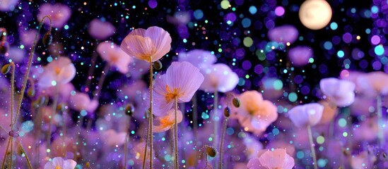 Dreamy field of soft pink flowers under a bokeh-filled night sky