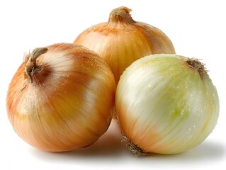 Three fresh raw yellow onions with water droplets sit together on a bright white surface ready for cooking.
