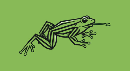 Green frog with striped body and long tongue catching an insect.