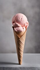 A close up shot of a double scoop of pink ice cream in a cone against a gray background