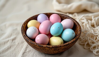 Fototapeta premium Colorful Decorative Easter Eggs in Wooden Bowl on Soft Beige Background