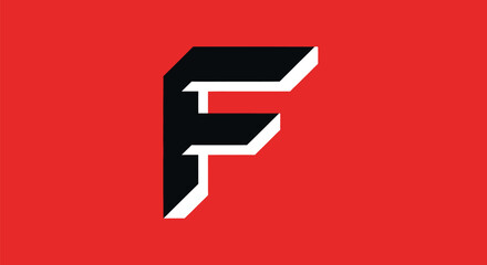 Stylized Three Dimensional Black Letter F on Red Background.