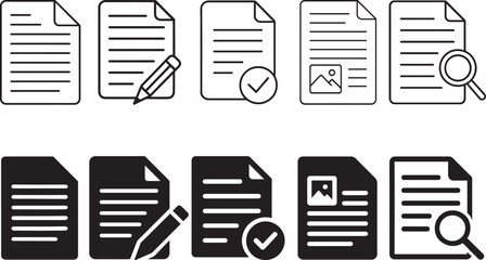 Document note icons set in flat black silhouette vector design for office illustration bundle, checklist, receipt, and notepad
