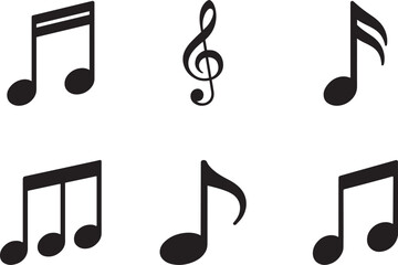 Music icons set in flat black silhouette vector design for audio illustration bundle, Musical note icons