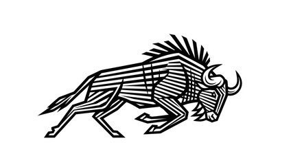 Stylized graphic illustration of a running wildebeest with bold stripes.