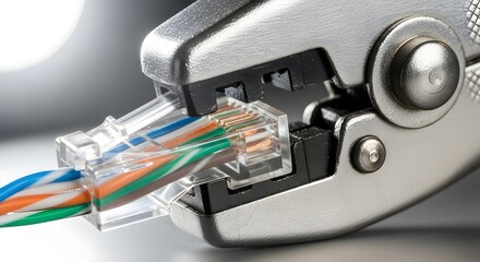 Close-up of RJ45 crimping tool precisely connecting network cable; professional, detailed, technical image.