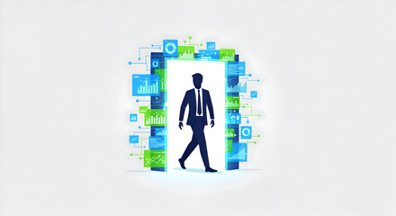 A businessman walking through a digital doorway surrounded by data charts and graphs on a white background