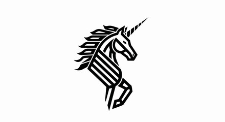 Stylized black and white striped unicorn logo design.