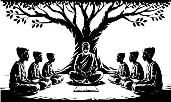 Gurukul Schooling Ancient India Silhouette Vector Illustration of Traditional Education under Tree