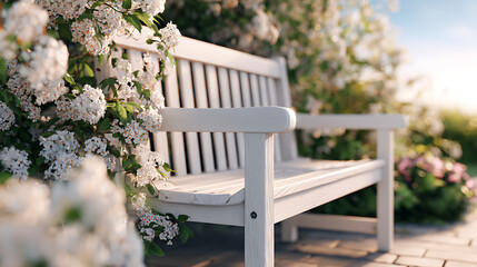 White Garden Bench Surrounded by Blooming Flowers at Sunset in a Serene Outdoor Space