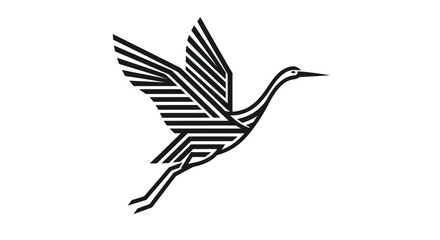 Stylized Black and White Crane Bird in Flight Minimalist Design.