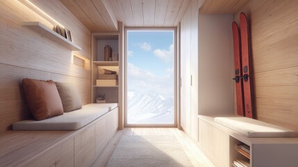Obraz premium Luxury Ski Resort Experience During Winter Holiday Travel, Cozy interior with wooden walls, featuring skis and a stunning mountain view through the window.