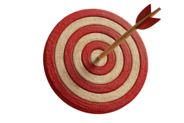 A close-up of a vintage-style target with an arrow precisely in the bullseye.  Red and light beige concentric circles create the target.  The arrow is a light wooden color