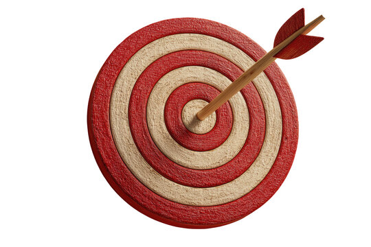 A close-up of a vintage-style target with an arrow precisely in the bullseye.  Red and light beige concentric circles create the target.  The arrow is a light wooden color