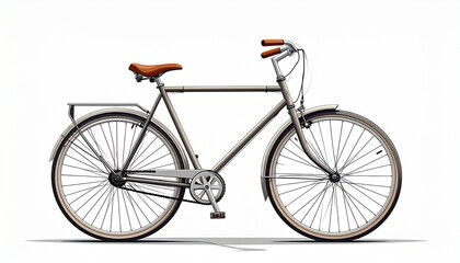 Classic silver bicycle with a brown seat and handlebars, perfect for urban commuting or leisure rides, isolated on a clean white background