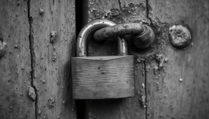 Metal padlock secured on weathered wooden door in monochrome  