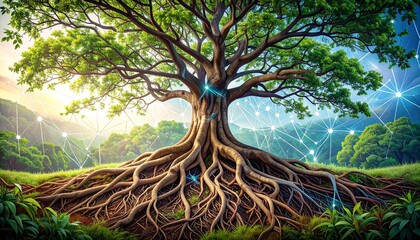 The interconnected web of life visualized as a glowing network within a magnificent ancient tree
