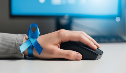  A close-up of a person's hand using a computer mouse, with a blue awareness ribbon tied around their wrist, symbolizing support for causes like prostate cancer or anti-bullying.