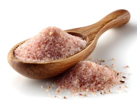 A wooden spoon holds a pile of coarse pink Himalayan salt, spilling some onto a white background surface.