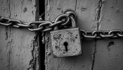 Rusty padlock chained on weathered wooden door background  