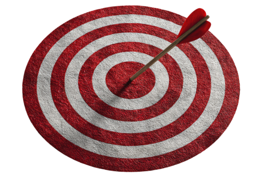A red and white target with an arrow in the bullseye