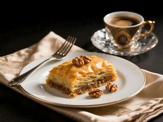 A delicious slice of baklava with walnuts, served on a plate alongside a cup of coffee.