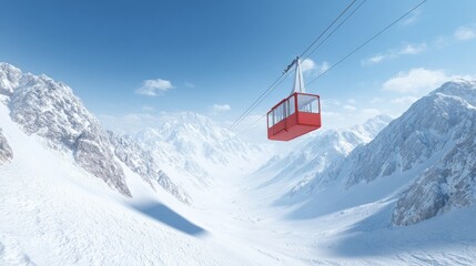 Luxury Ski Resort Experience During Winter Holiday Travel, A red cable car glides over snowy mountains under a bright blue sky.