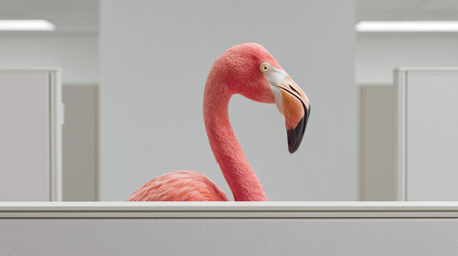Flamingo at office entrance making impactful arrival with distinctive presence
