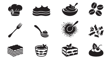 Silhouette Cake Icon Set Pastry, Dessert, Cream, Coffee Bean, Chef Hat, Fork & Spoon Vector Pack