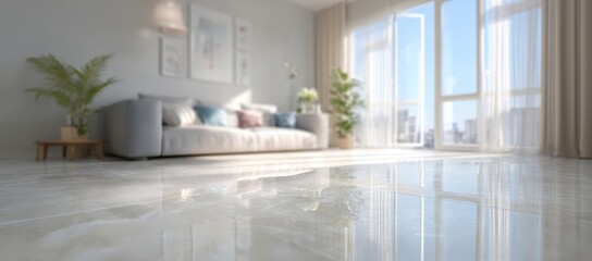 Light-filled, modern living room with polished marble flooring
