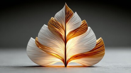 Abstract layered leaf shape, elegant white and gold, representing organic beauty and luxury with copy space