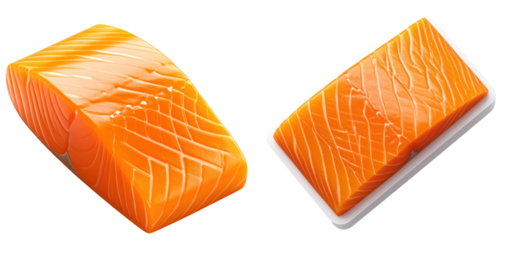 Two Pieces Of Smoked Salmon With Orange Flesh Showing Texture and White Lines On Transparent Background 3D Plastic Style
