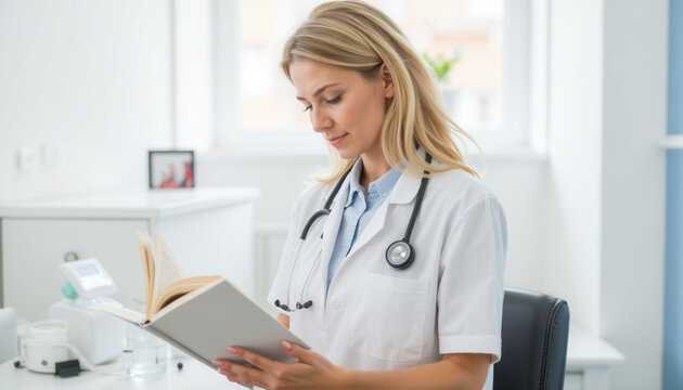 Young female doctor reading book while sitting in bright office  