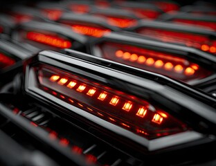 Close-up of rows of glowing red lights on dark, metallic panels