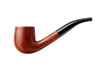 A wooden smoking pipe, light brown, with a black stem, in profile