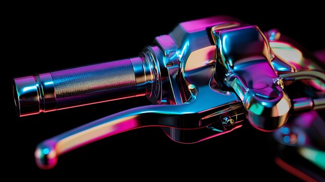 Sleek chrome motorcycle handlebar glows with vibrant neon cyberpunk lighting against black