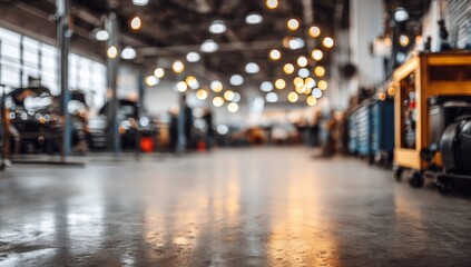 Blurry interior of a large auto repair shop