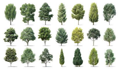 Fototapeta premium Collection of diverse tree models. Various shapes, sizes, and foliage. Digital renderings