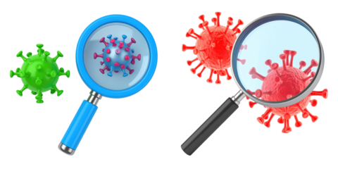 3D Plastic Style Illustration of Virus Cells Viewed Through Magnifying Glasses on Transparent Background