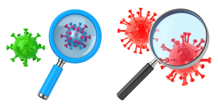3D Plastic Style Illustration of Virus Cells Viewed Through Magnifying Glasses on Transparent Background