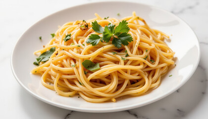 Spaghetti pasta garnished with parsley on a white plate  