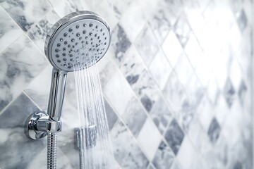 Stream of clean water flowing from a modern chrome shower head in a bathroom with tiled walls, concept of daily hygiene and relaxation