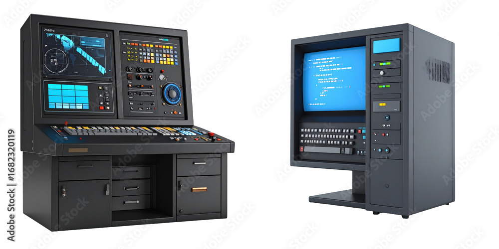 Wall mural 3d plastic style iconic hacker terminal console dark gray with dual screens and data display